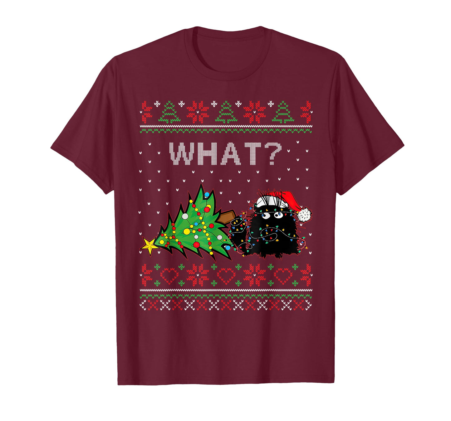 Funny Black Cat Gift Pushing Christmas Tree Over Cat What? T-Shirt