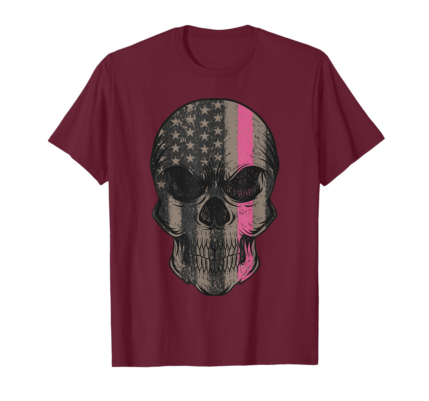 Thin Pink Line Breast Cancer Awareness American Flag Skull Women Men T-Shirt