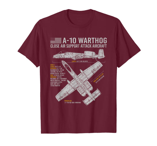 Aviation Geeks Store A-10 Warthog Thunderbolt II Aircraft Airplane Blueprint Fact T-Shirt