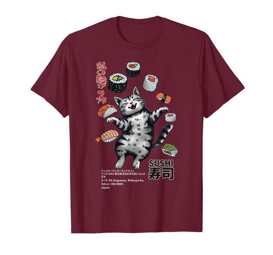 Anime-Style Sushi Cat: Harajuku Tokyo Japan Cat Cafe T-Shirt for Men Women Kids