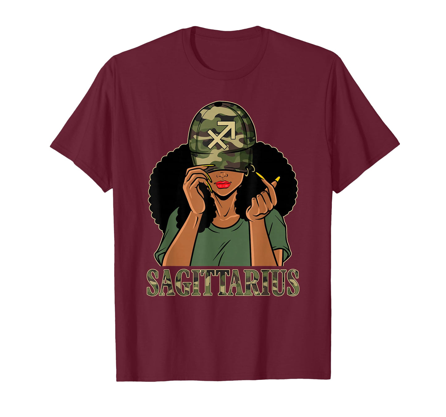 Sagittarius Girl Black Woman With Cap Camo Afro Woman Zodiac T-Shirt