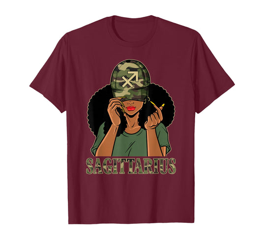 Sagittarius Girl Black Woman With Cap Camo Afro Woman Zodiac T-Shirt