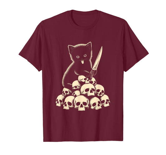 Cute Cat With Knife And Skulls - Spooky Halloween Costume T-Shirt for Men Women