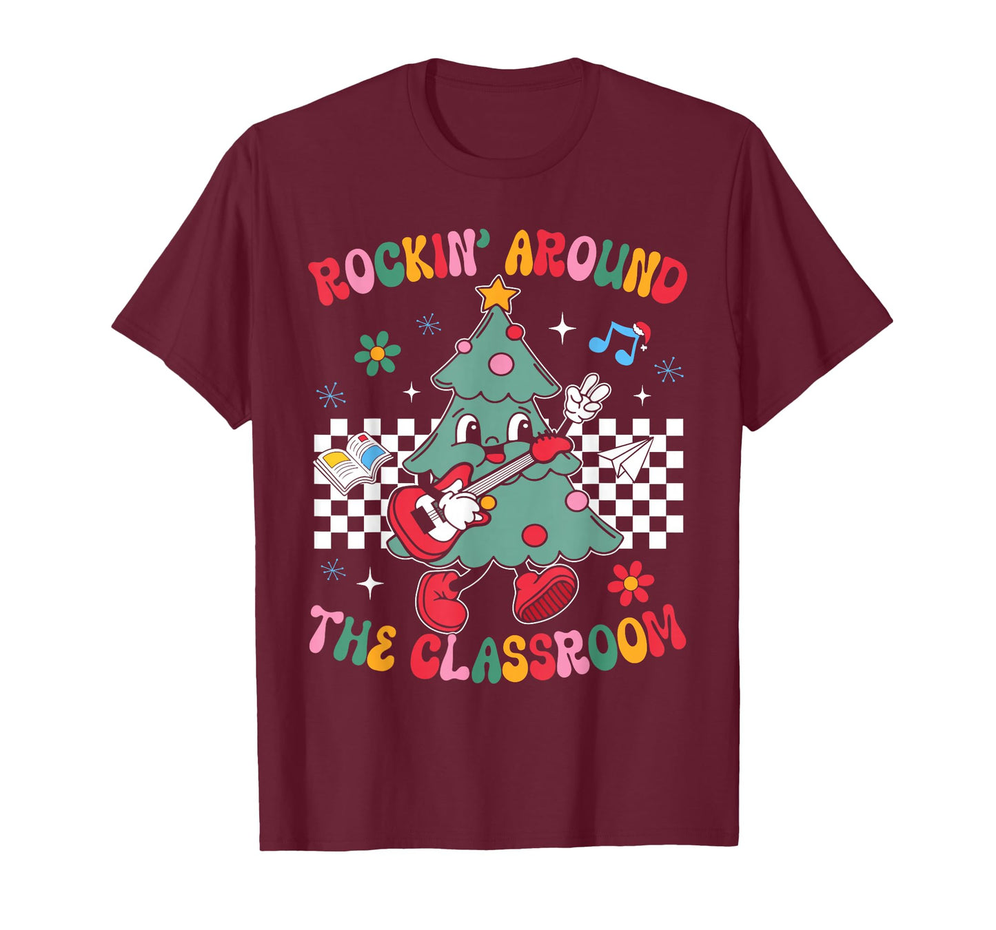 Retro Groovy Teacher Christmas Rockin' Around The Classroom T-Shirt