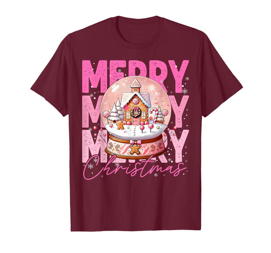Cute Merry Christmas Snow Globe Pink Gingerbread House Xmas T-Shirt