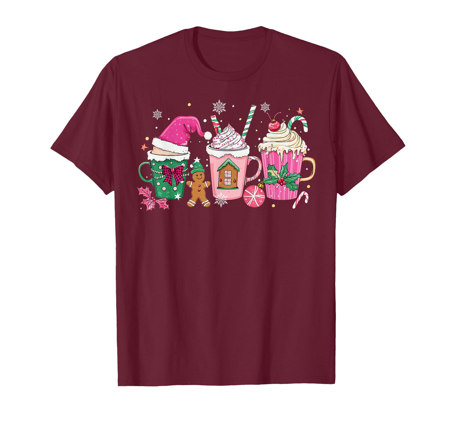 Coffee Christmas Gingerbread Pink Women Latte Cozy Winter T-Shirt