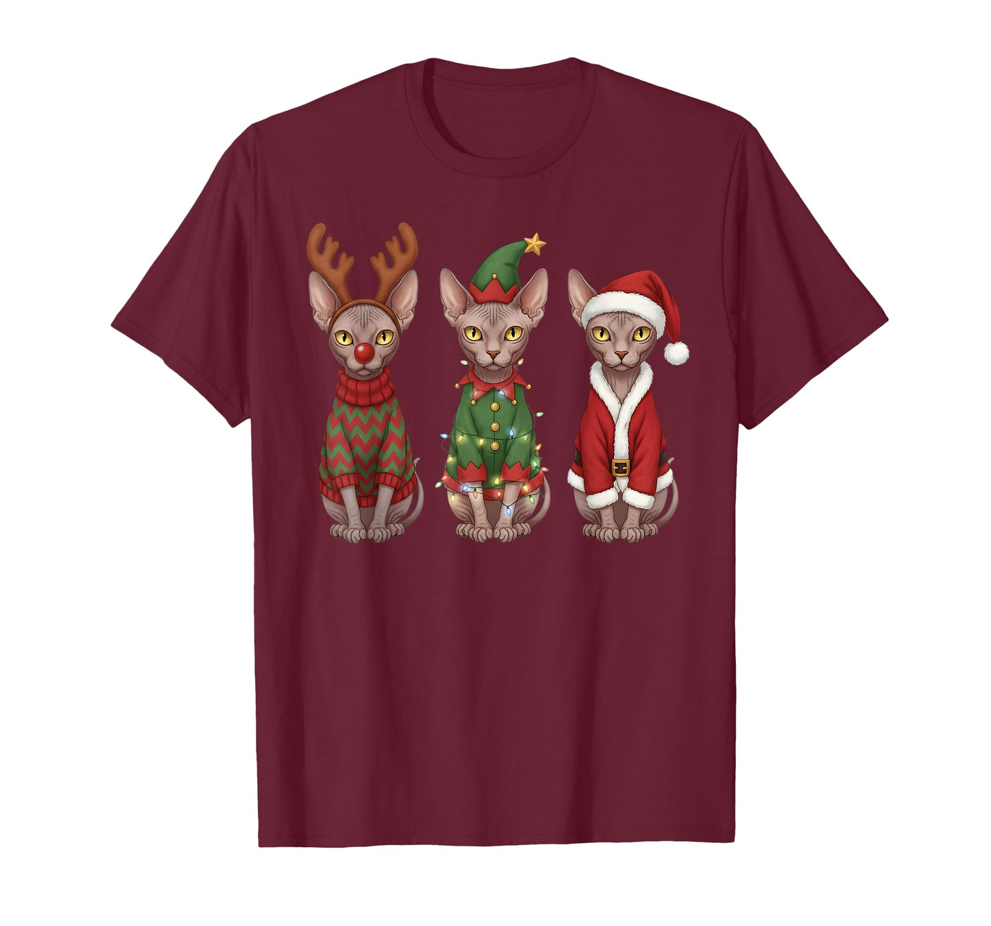 Retro Christmas Sphynx Cat Santa Reindeer T-Shirt