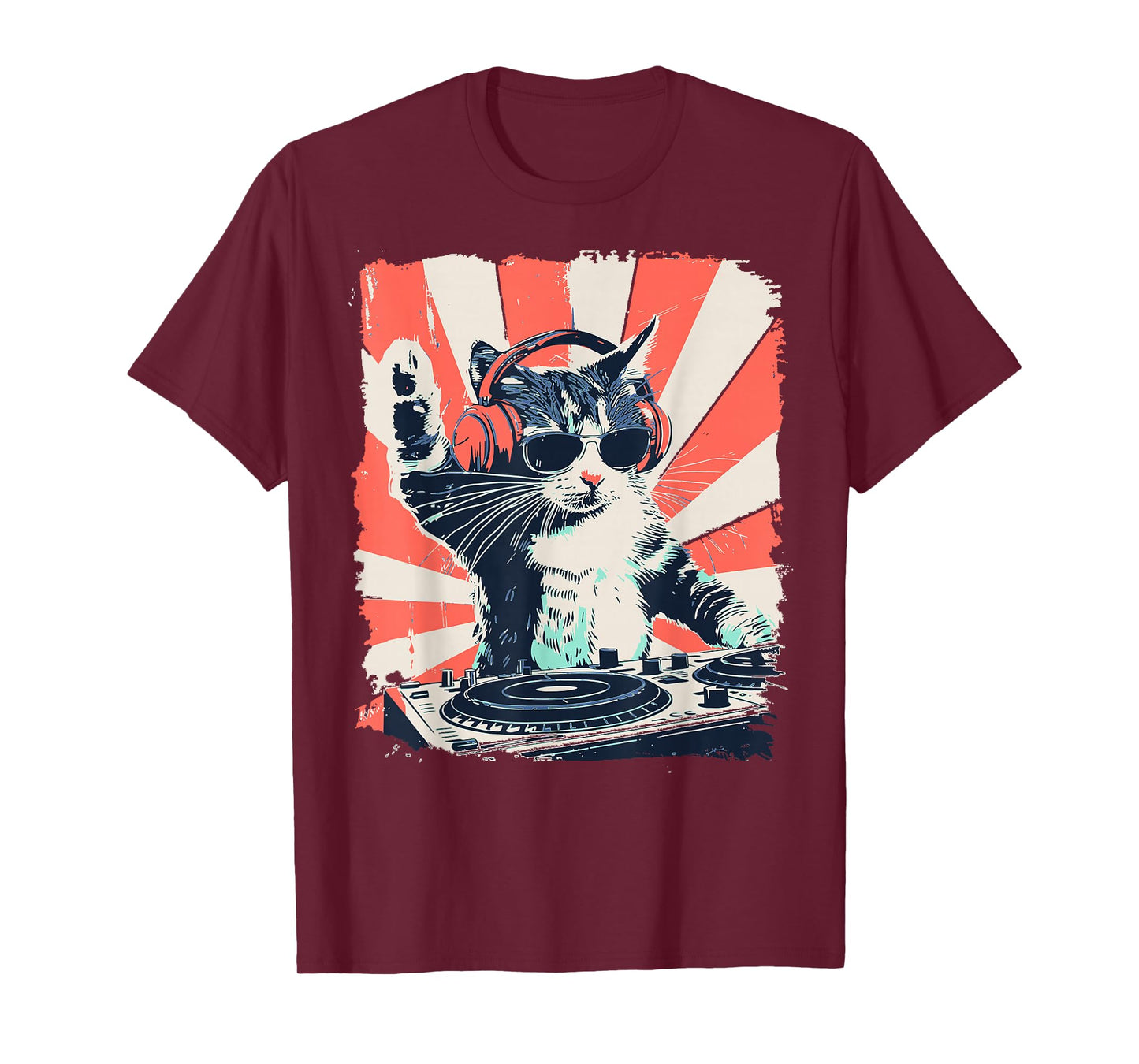 Funny DJ Cat with Headphones Retro Music Lover Art T-Shirt