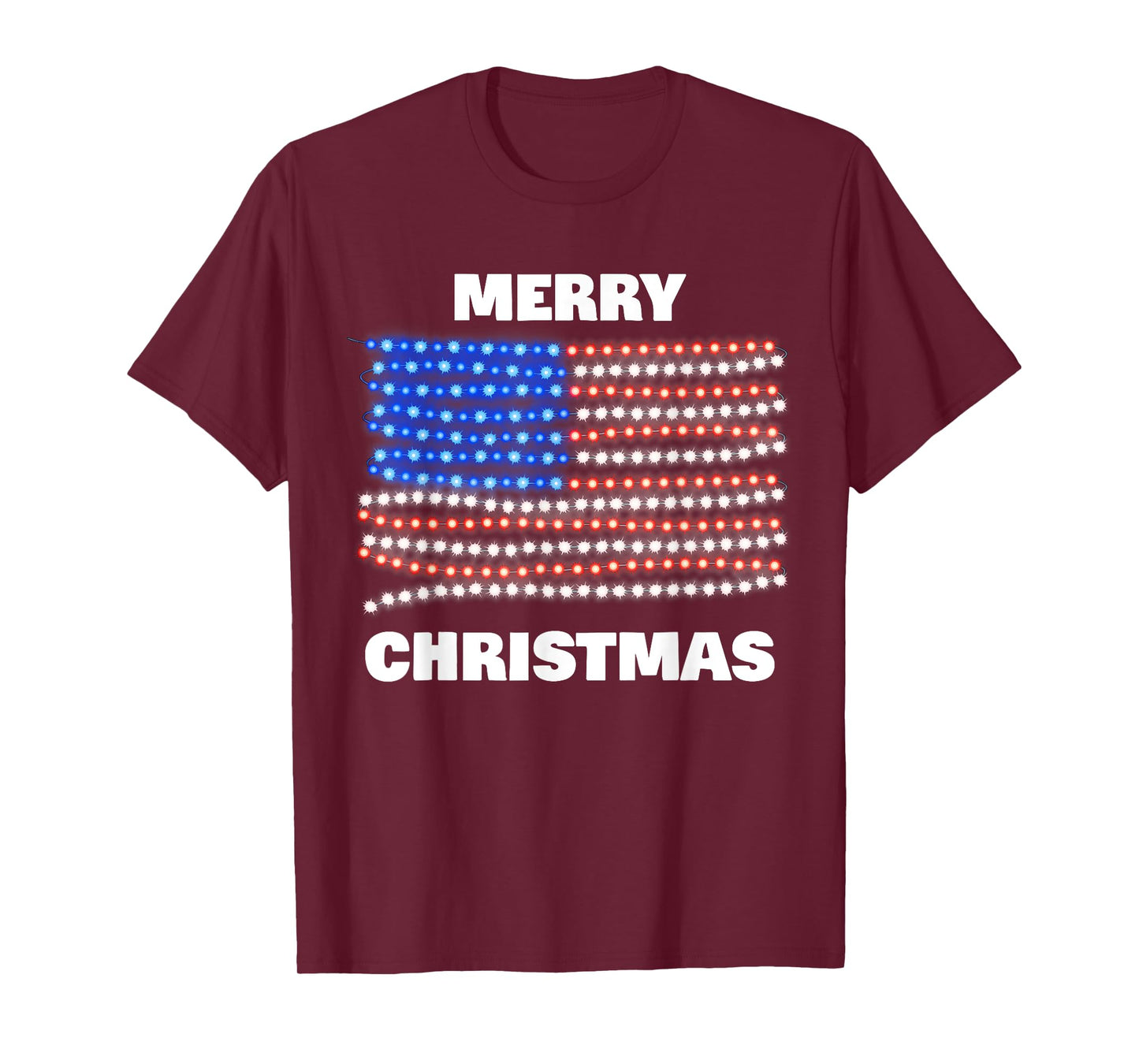 American USA Flag Patriotic Merry Christmas Xmas Lights Women Kids Men T-Shirt