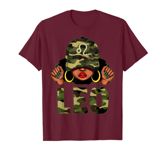 Leo Queen Black Woman with Cap Camo Afro Girl Zodiac T-Shirt