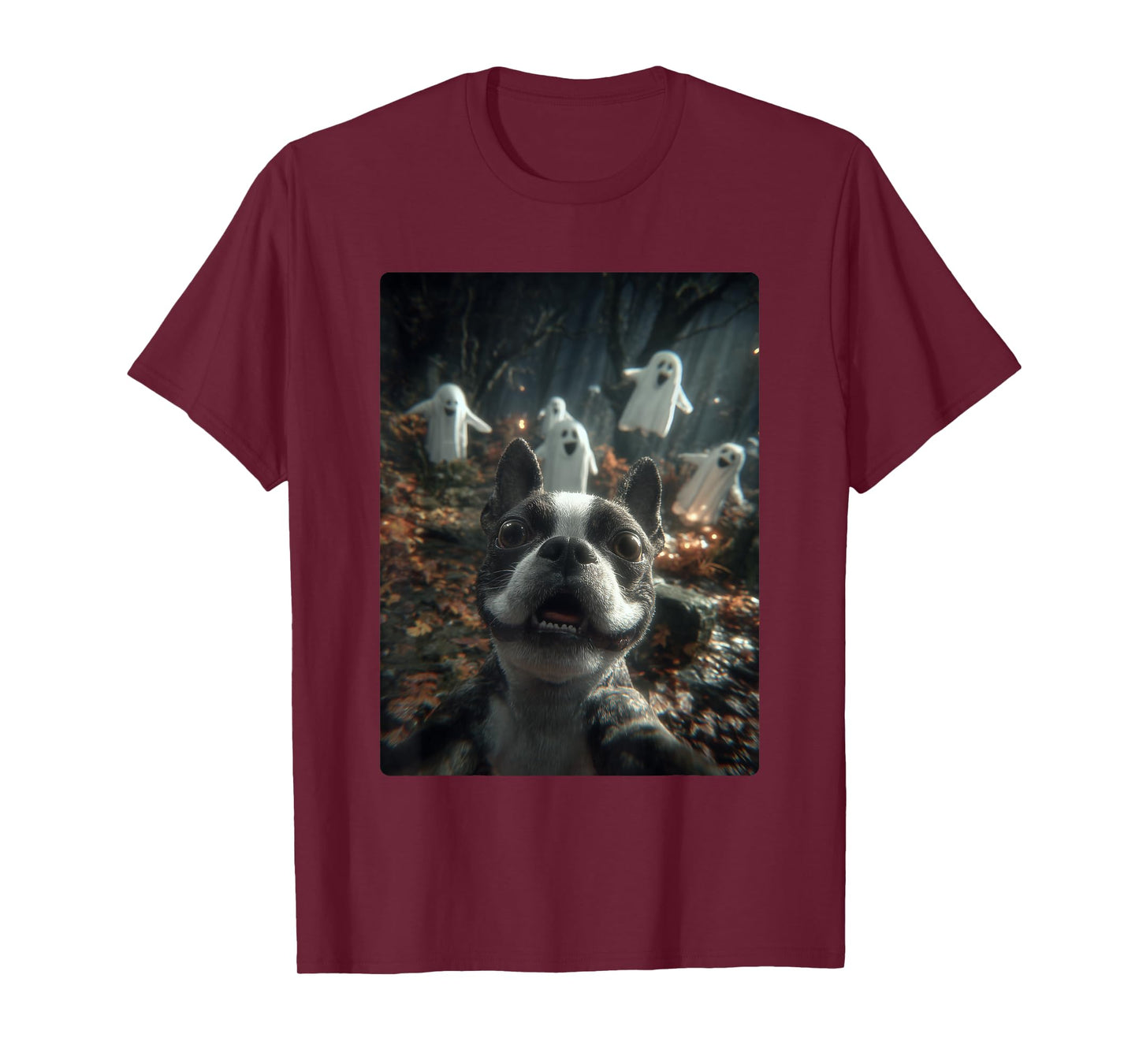 Boston Terrier Selfie Ghosts Haunted Forest Halloween Dog T-Shirt