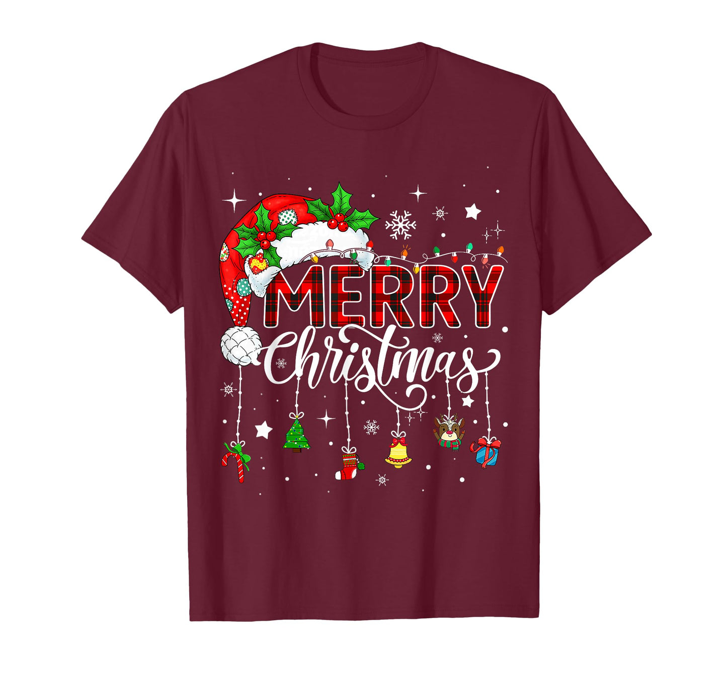 Merry Christmas Lights Red Santa Hat Xmas Family Men Women T-Shirt