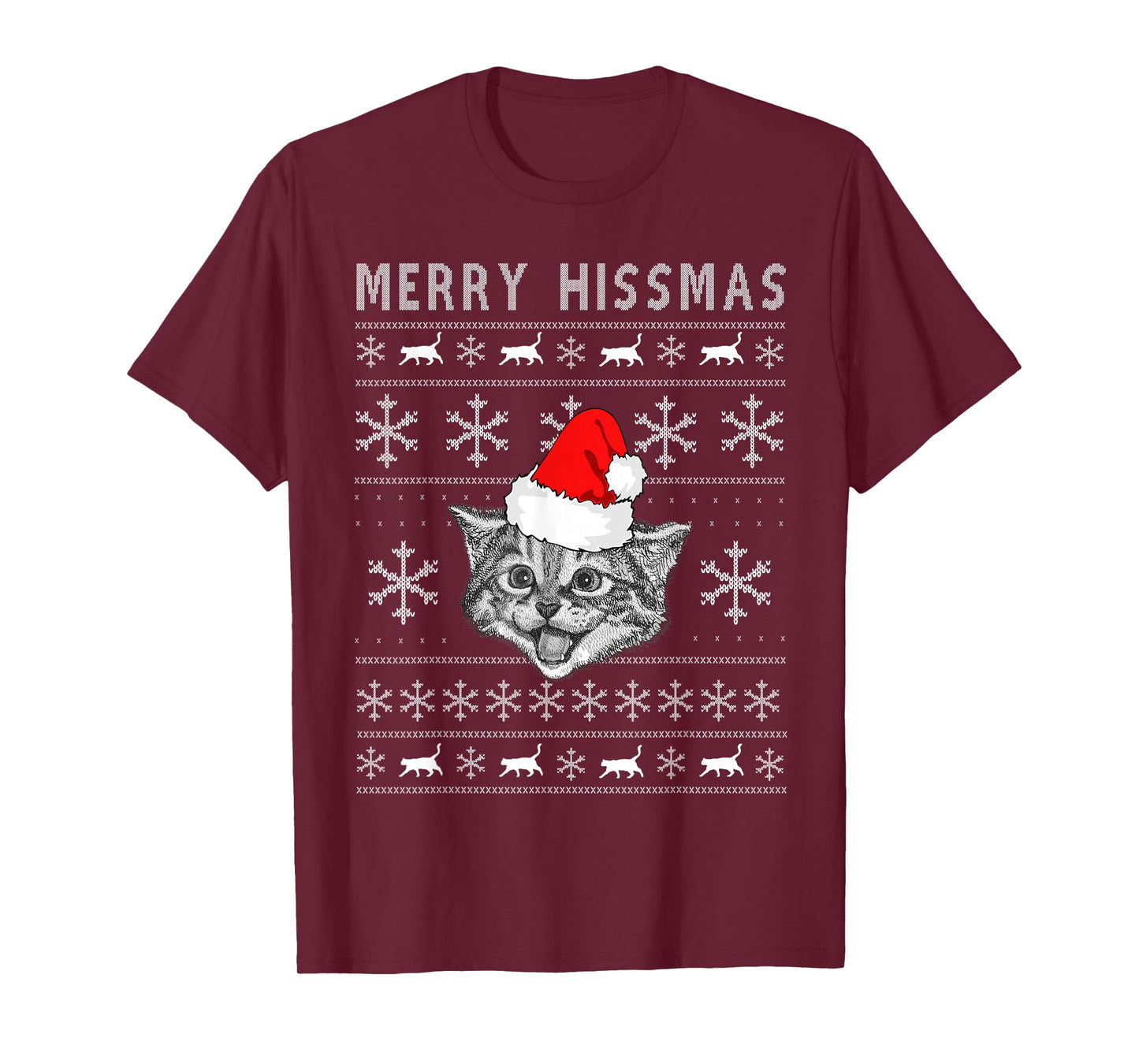 Merry Hissmas Ugly Christmas Cat Wearing Santa Hat Men Women Kids T-Shirt