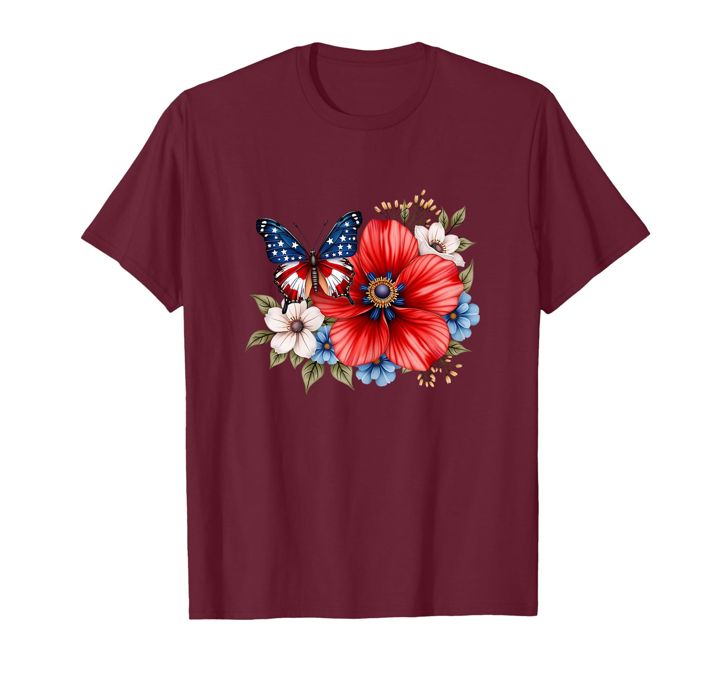 Butterfly Flowers American Flag 4th of July Women Girls T-Shirt