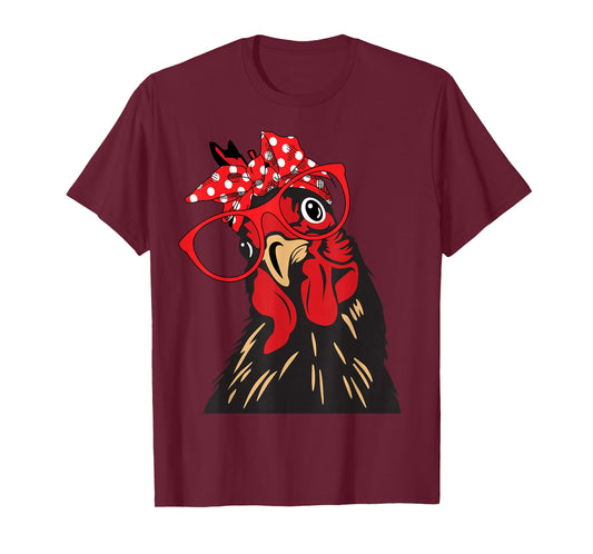 cute Women Girl Chicken With Bandana Headband and Glasses T-Shirt
