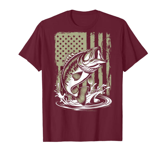 Fishing Camo Bass Fish American Flag Boy Men Fisherman Gift T-Shirt