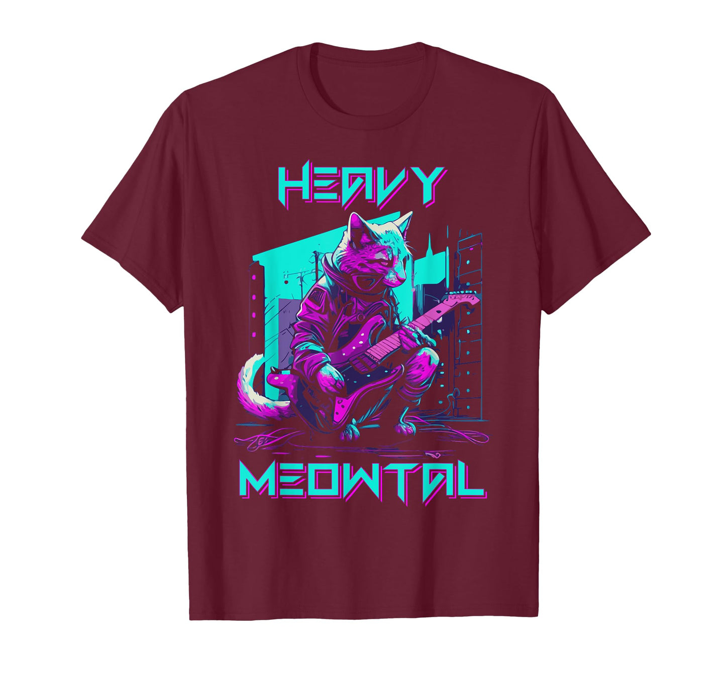 Vaporwave 80s Cat Playing Guitar Cyberpunk Meowtal T-Shirt