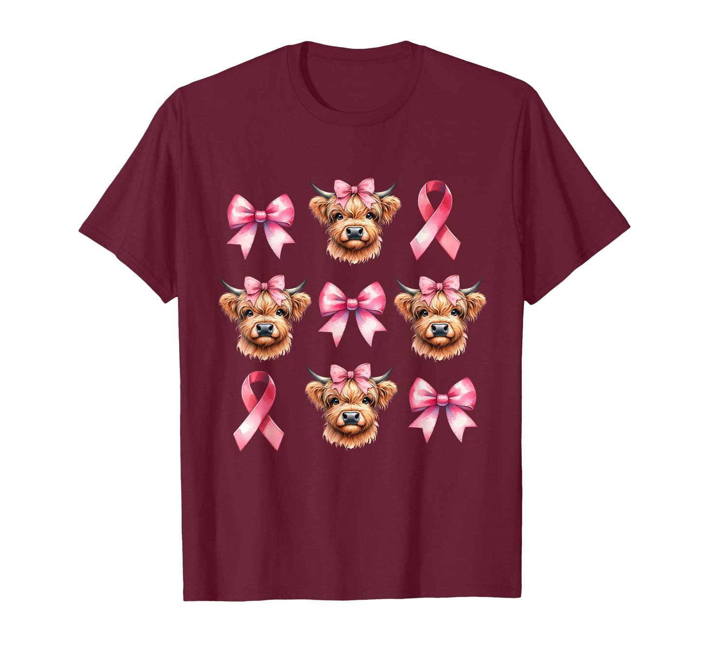 Coquette Bow Pink Ribbon Highland Cow Pink Breast Cancer T-Shirt