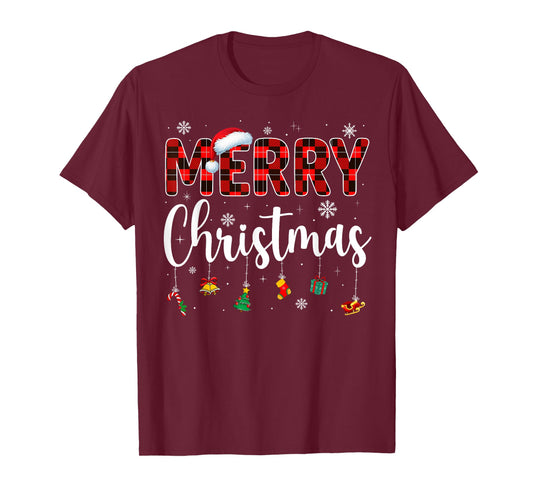 Merry Christmas Buffalo Plaid Red Santa Family Xmas Pajamas T-Shirt