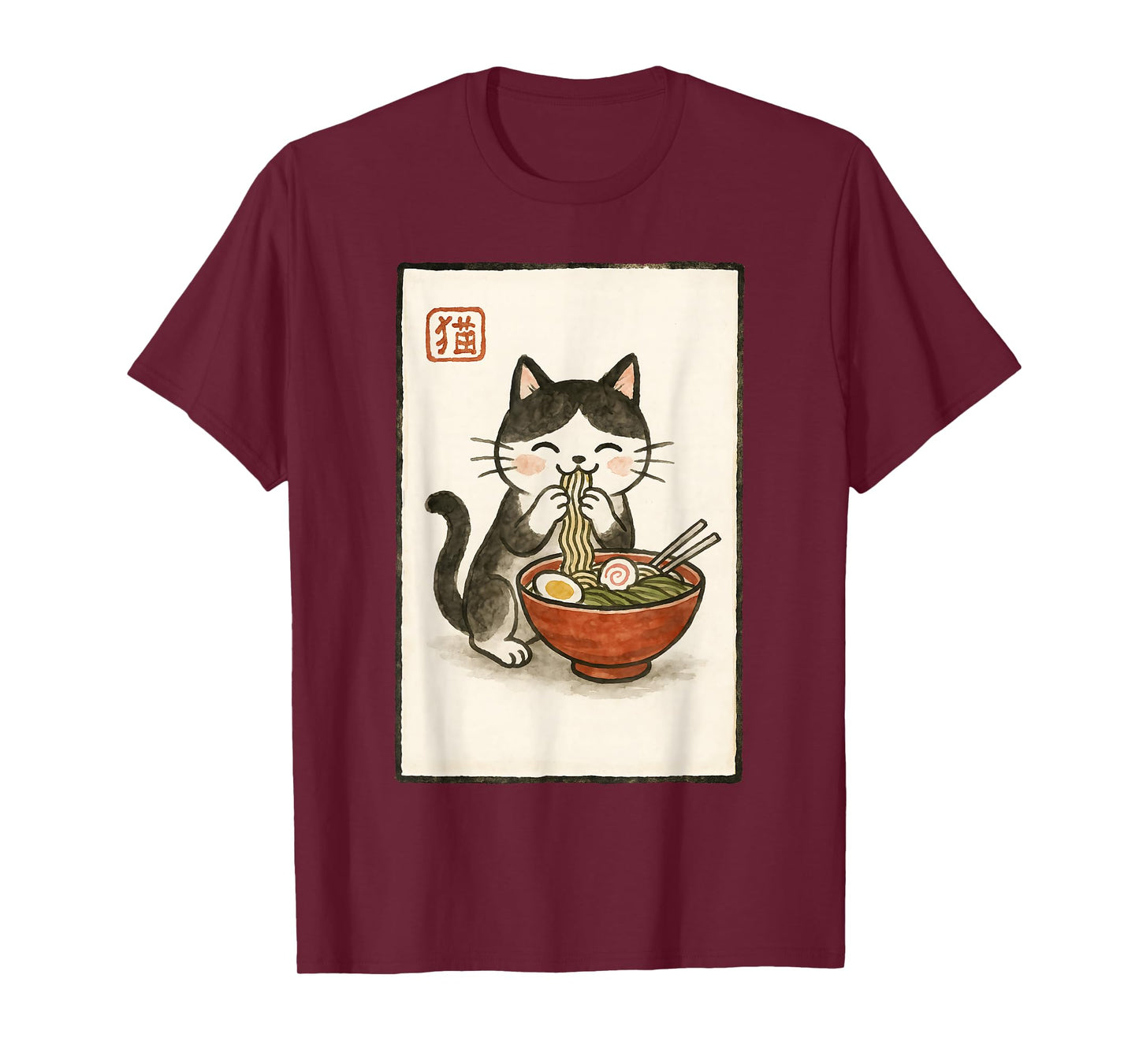 Funny Japanese Kawaii Anime Men Kids Women Cat Eats Ramen T-Shirt