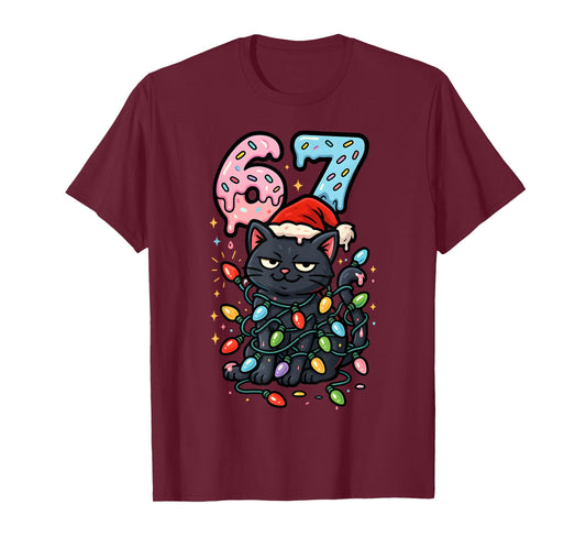 67 Black Cat Christmas Ice Cream Drip Santa Hat Six Seven T-Shirt