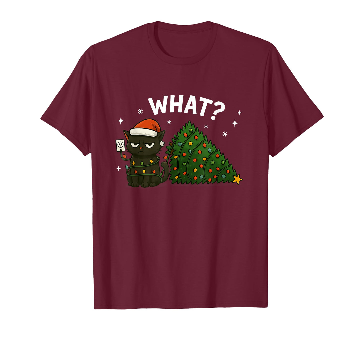 Funny Black Cat Pushing Christmas Tree Over Cat What? T-Shirt