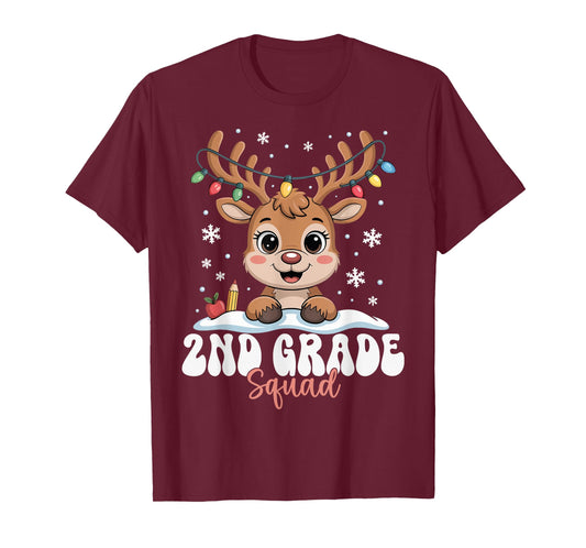 2nd Grade Squad Reindeer Christmas Lights Cute Winter Kids T-Shirt