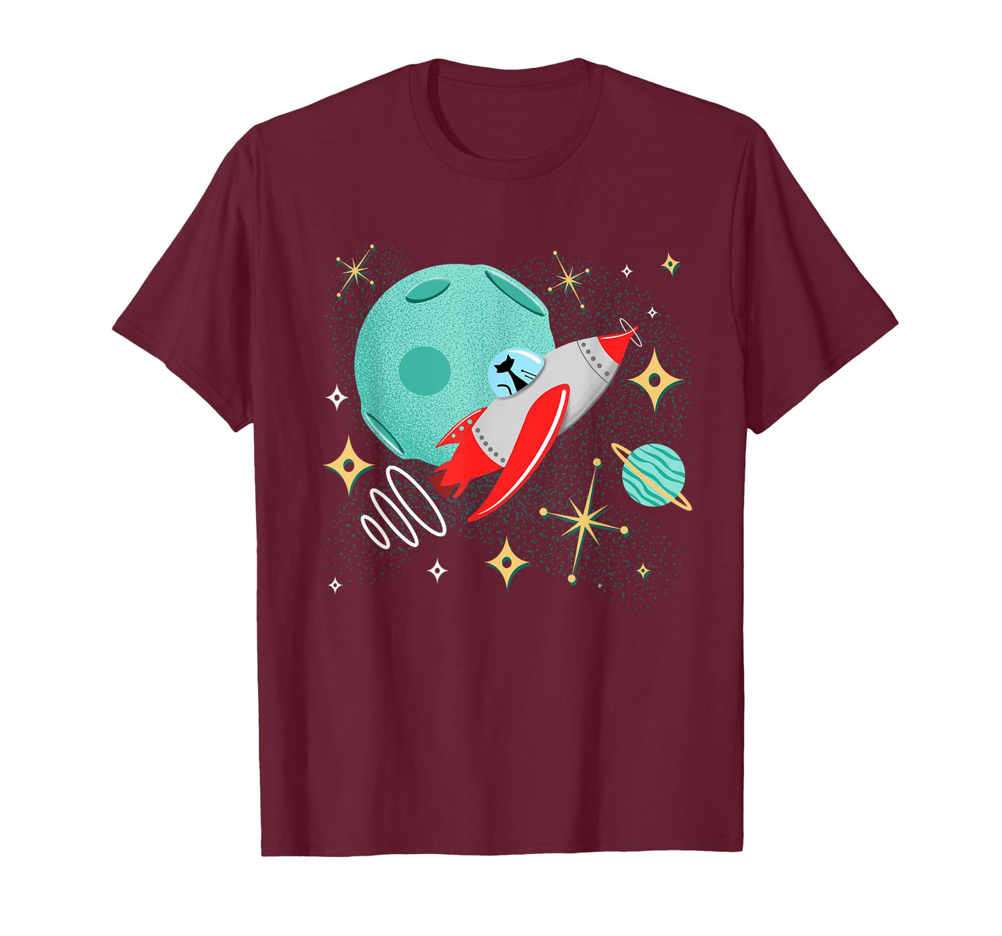 Atomic Rocket Cat Funny Mid-Century Cat Futuristic Spaceship T-Shirt