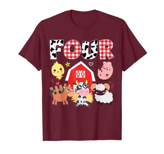4th Birthday Four Year Old Farm Theme Animals Birthday Party T-Shirt