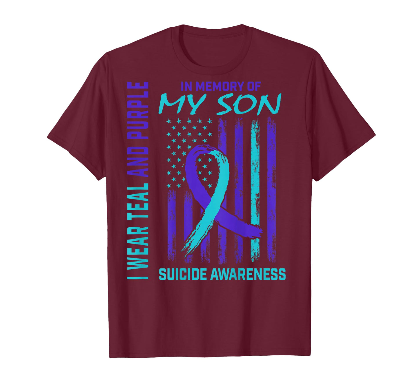 Teal Purple Ribbon Suicide Awareness USA Flag Son Back Print T-Shirt