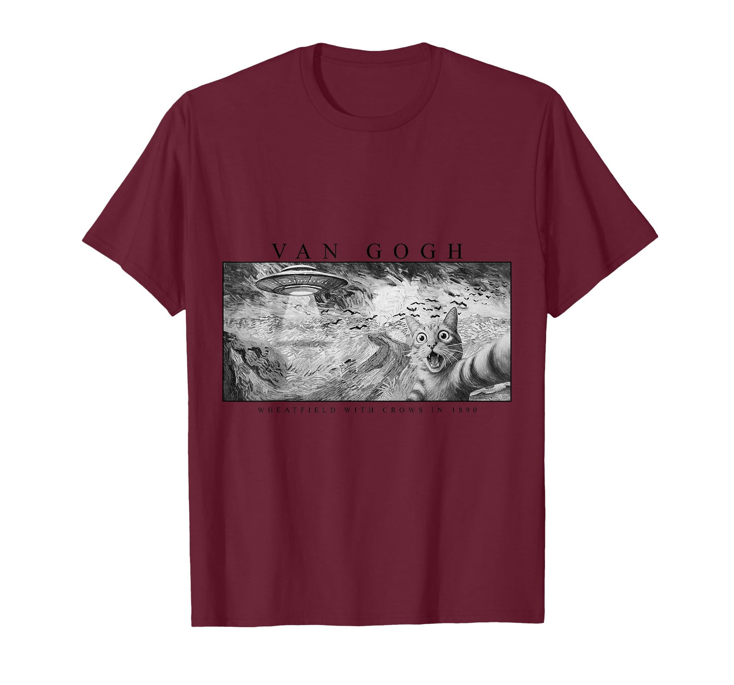 Funny Cat, Van Gogh Cat Selfie with Alien UFO in Wheatfield T-Shirt