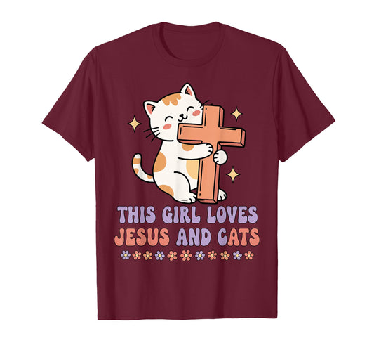 Christian This Girl Loves Jesus and Cats Cat Hugging Cross T-Shirt
