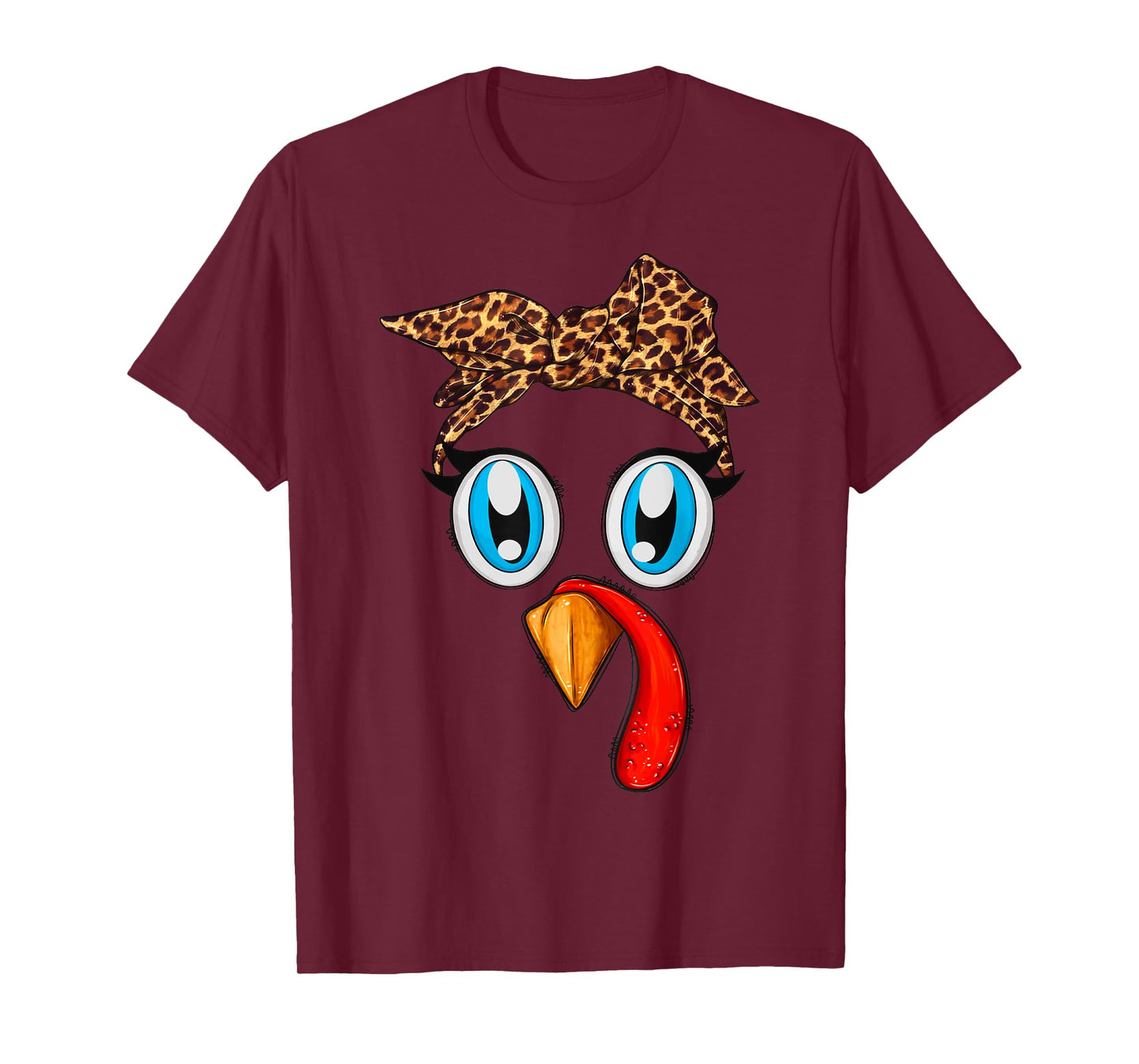 Cute Turkey Face Bandana Leopard Thanksgiving Women Girls T-Shirt