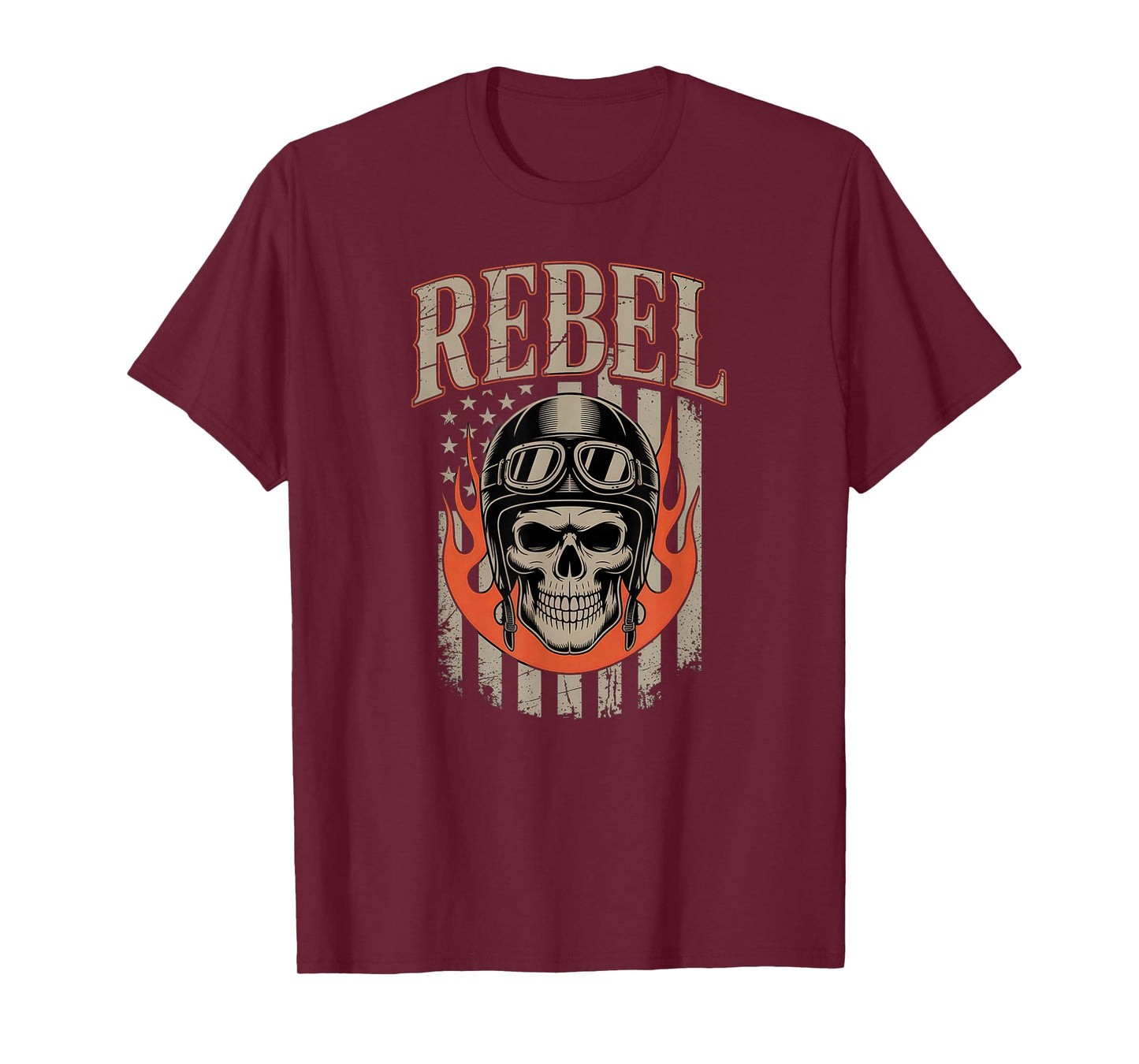 Biker Skull Vintage Art with Flames and American Flag T-Shirt