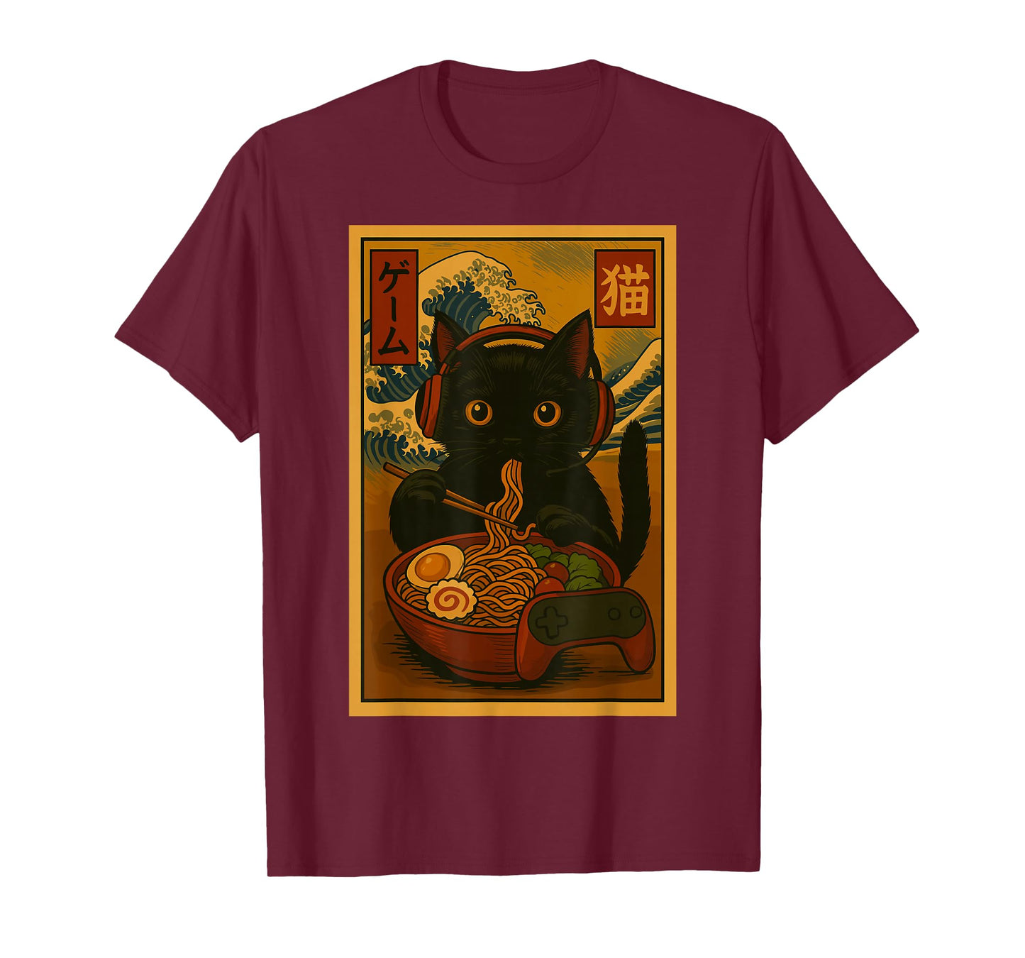 Gamer Cat Eating Ramen Japanese Style T-Shirt