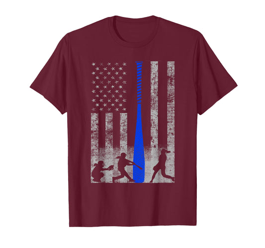 Softball American Flag - Blue Bat and Softball Players Flag T-Shirt for Women Kids Men
