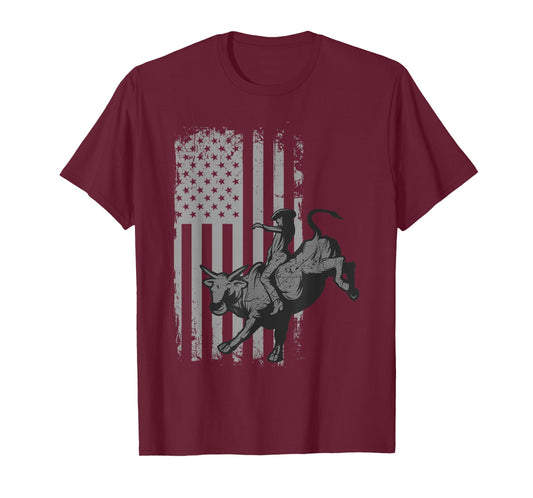 Vintage American Flag Bucking Bull Riding Patriotism Rodeo T-Shirt Small