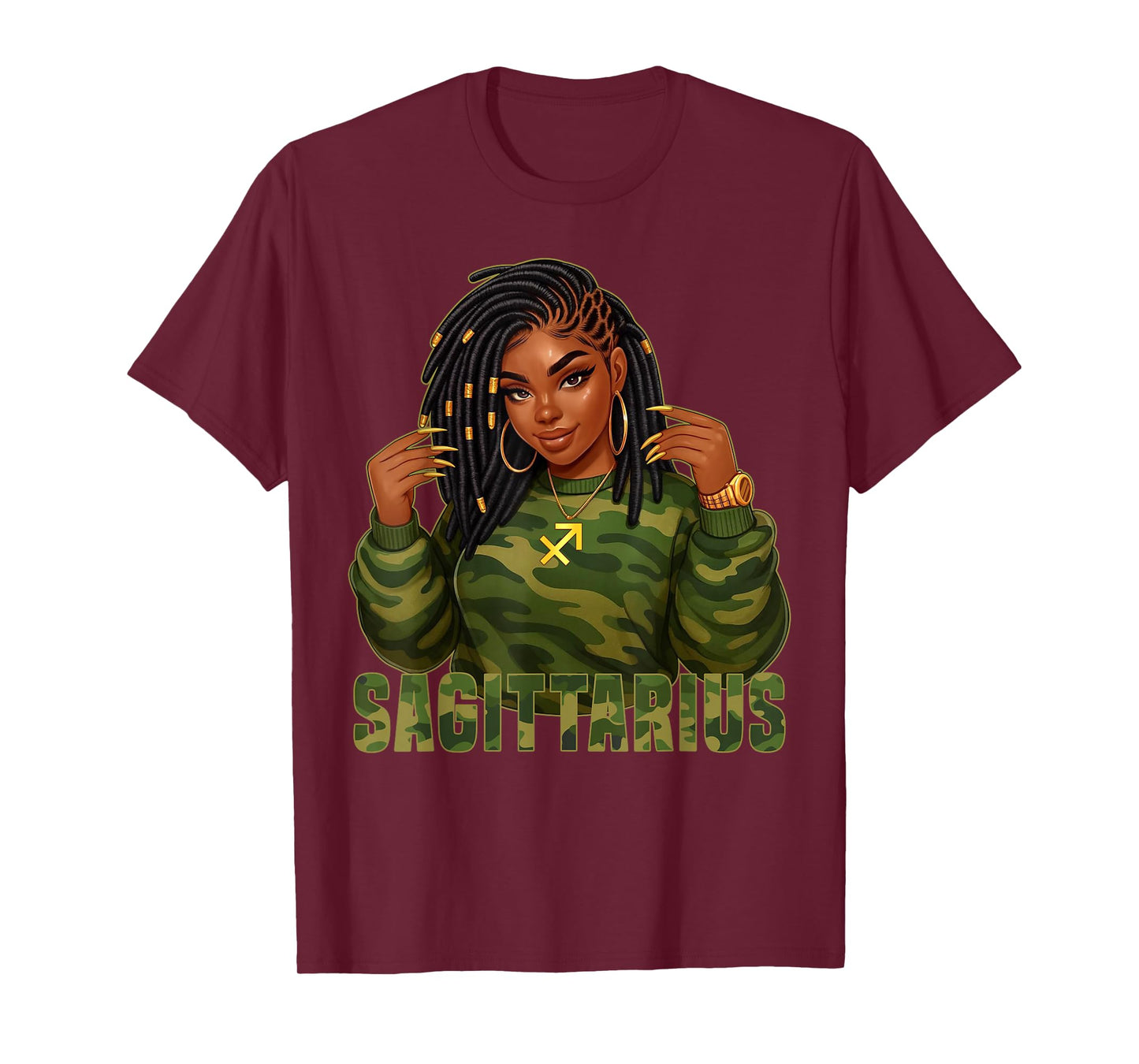 Sagittarius Queen Loc'd Black Woman Camo Zodiac Sign T-Shirt