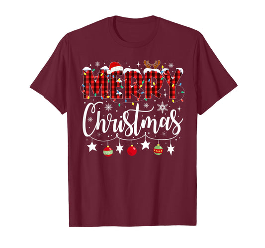 Merry Christmas Buffalo Plaid Red Santa Family Matching Xmas T-Shirt