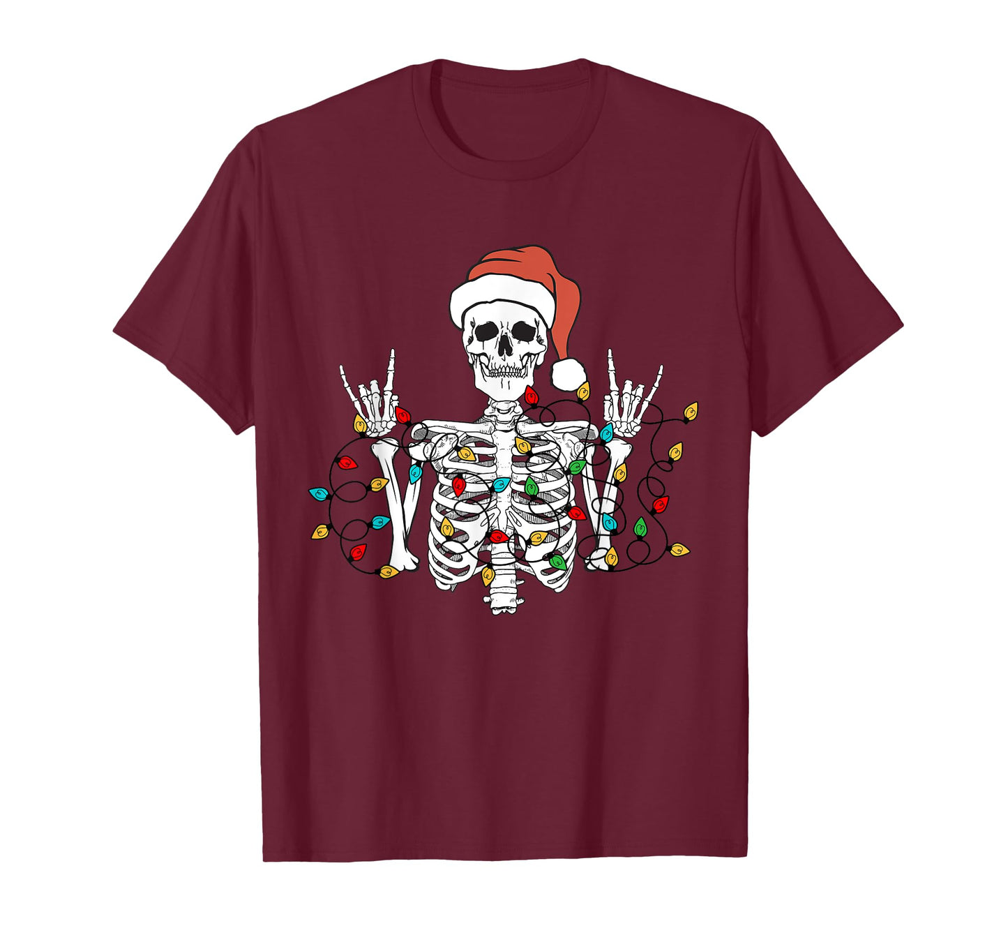 Christmas Skeleton Rocker Wrapped in Xmas Lights Santa Hat T-Shirt