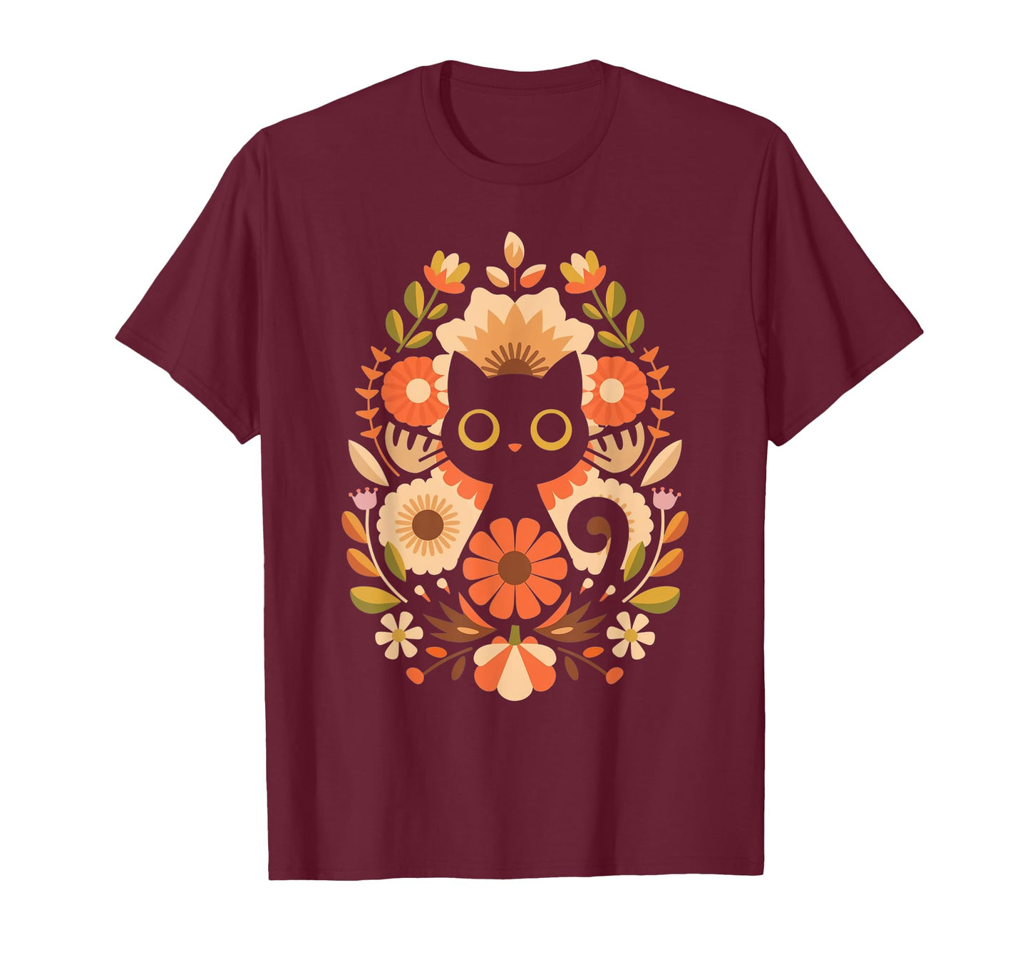 Cute Black Cat Floral Botanical Flowers Kitten Love T-Shirt