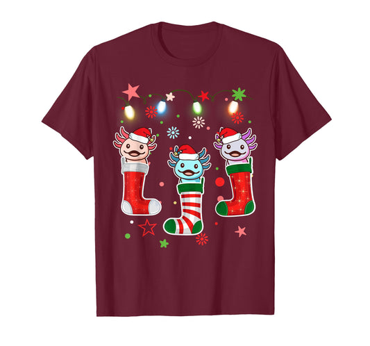 Kawaii Axolotl Christmas Stocking Kid Youth Teen Pajamas Pjs T-Shirt
