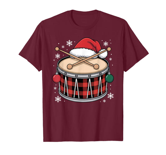 Christmas Buffalo Plaid Snare Drum with Santa Hat Men Women T-Shirt