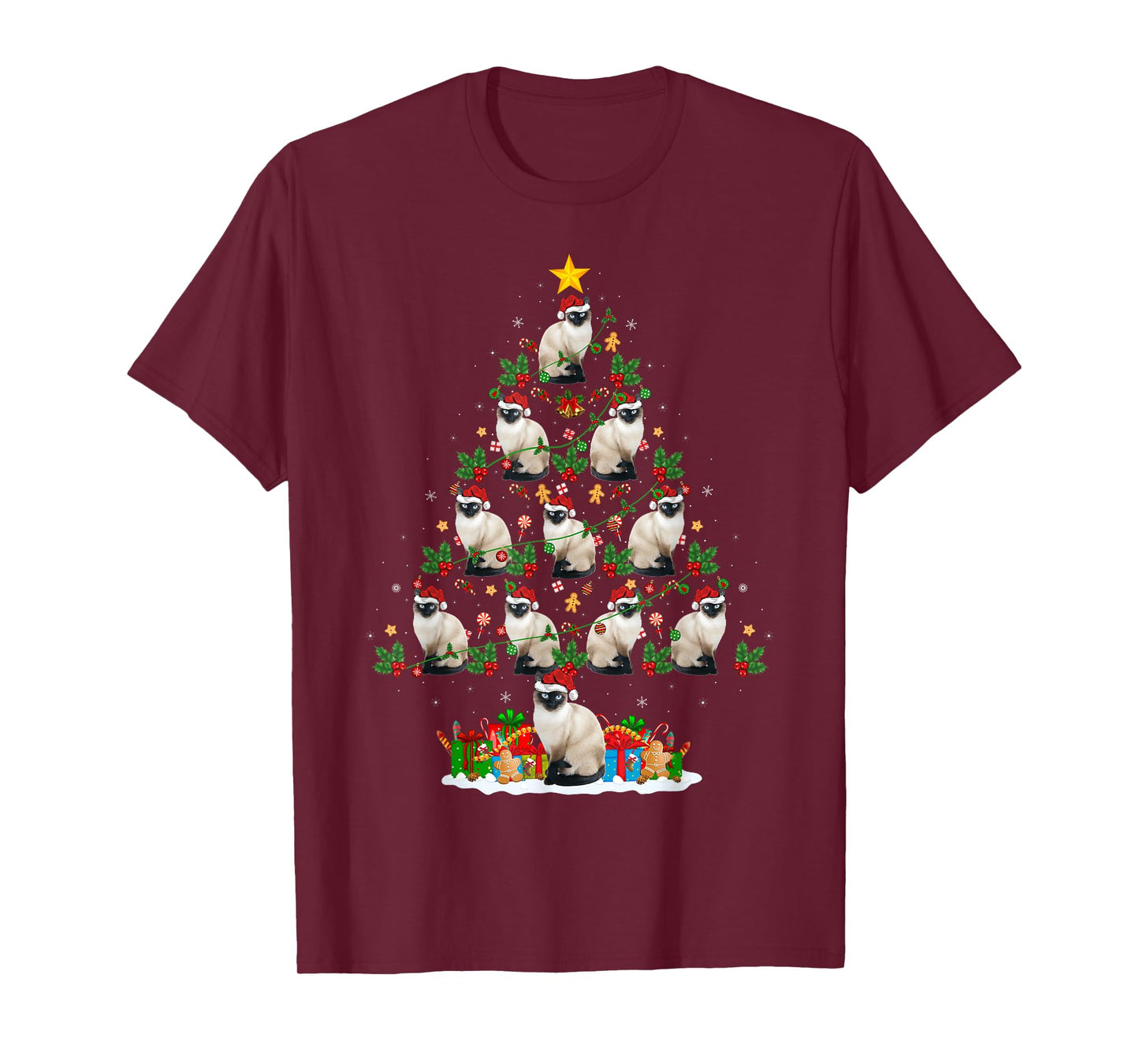 Lighting Xmas Holiday Santa Balinese Cat Christmas Tree T-Shirt for Men Women Kids