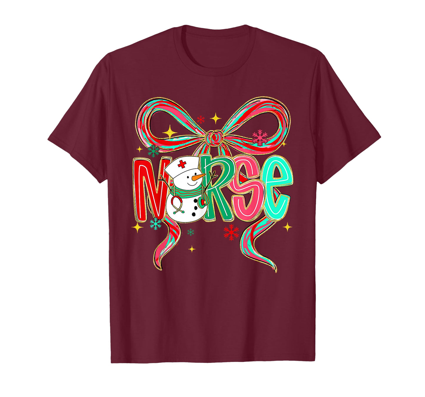 Christmas Nurse Snowman Xmas Pajamas RN ICU NICU ER Pacu Bow T-Shirt