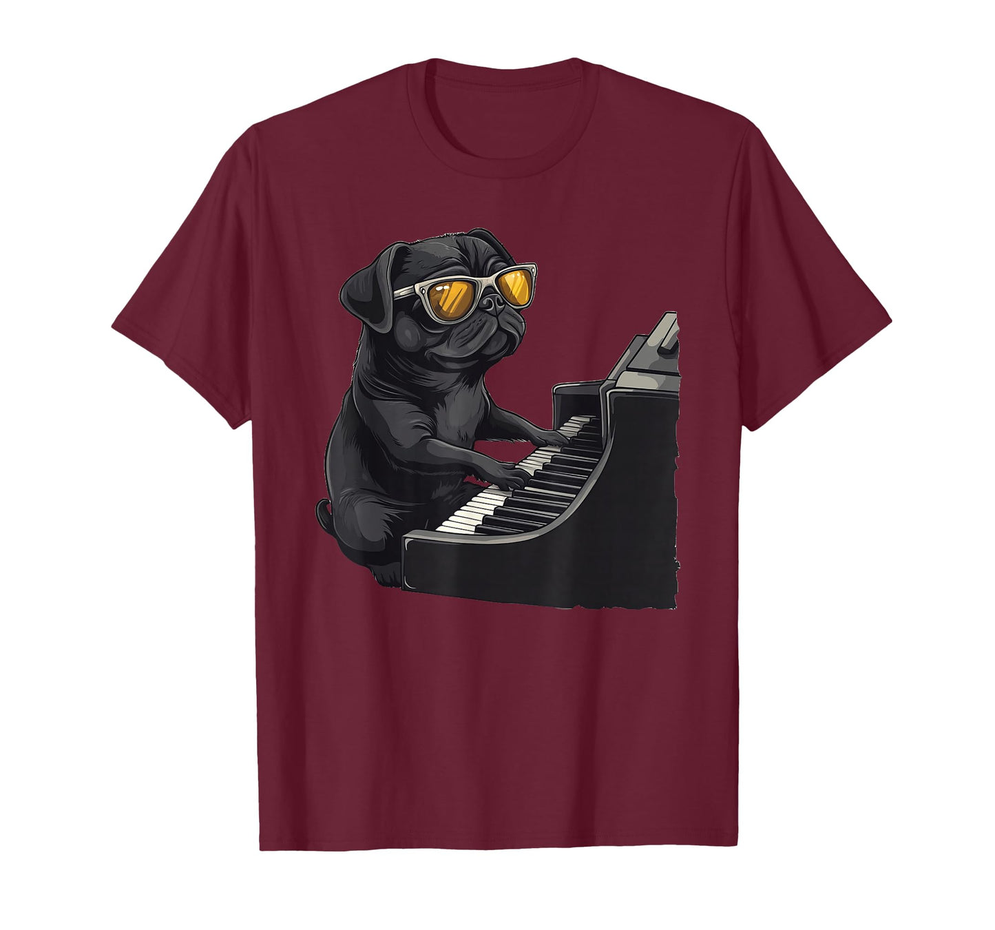 Cute Dog Black Pug Playing Piano Musician Music T-Shirt