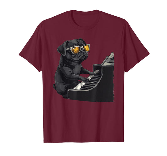 Cute Dog Black Pug Playing Piano Musician Music T-Shirt
