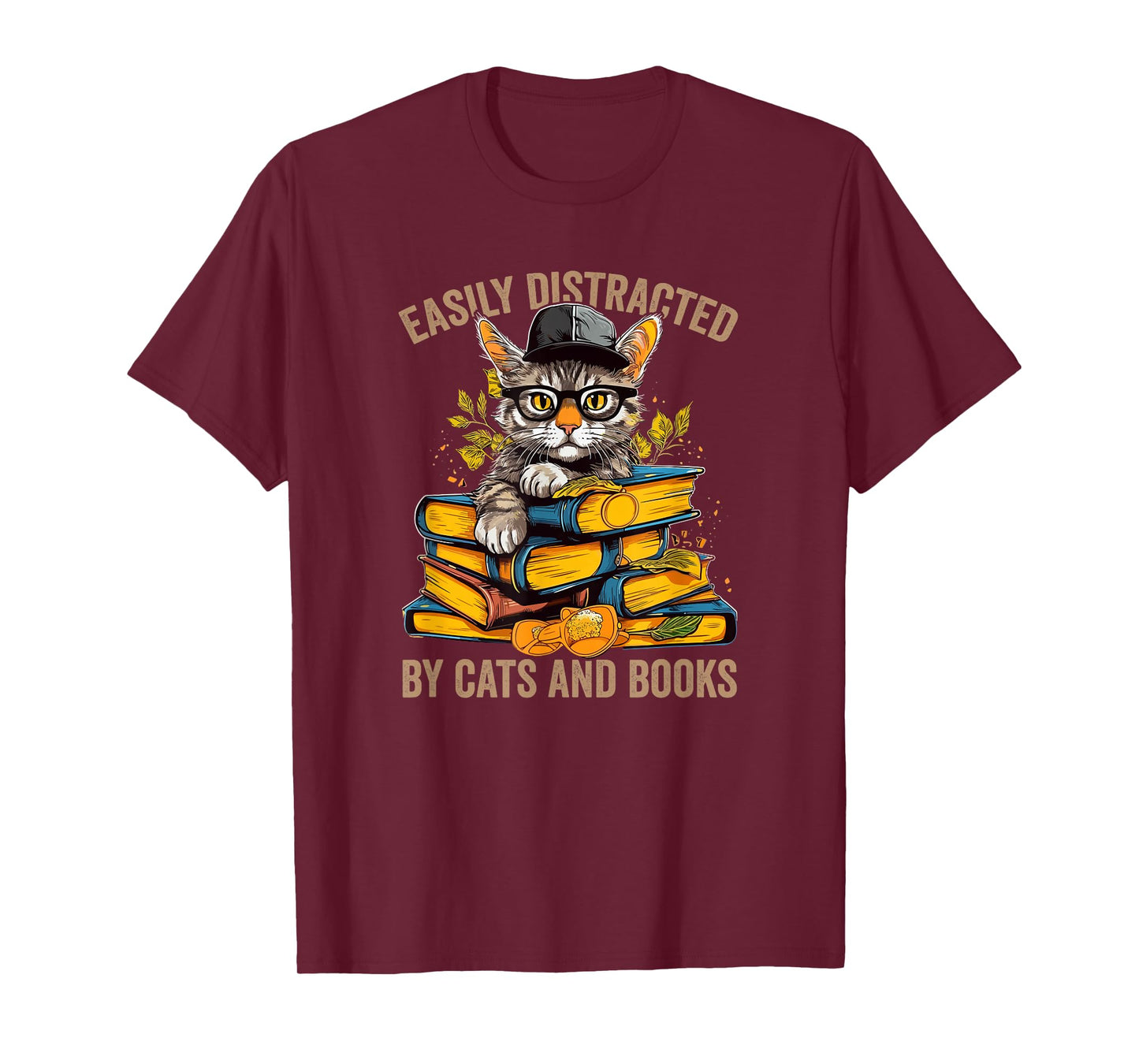Easily Distracted by Cats and Books Book Reading Lovers T-Shirt
