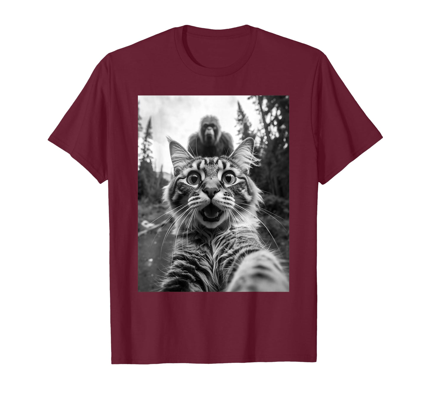 Funny Shocked Cat Selfie with Bigfoot Sasquatch Forest T-Shirt