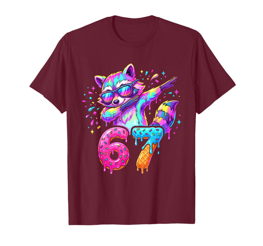 67 Funny Dabbing Raccoon 6 7 Dripping Ice Cream Meme T-Shirt